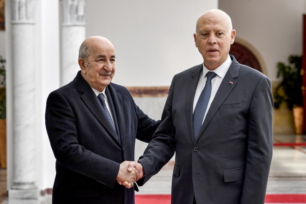 Tunisia's President Kais Saied (R) shakes hands with Algeria's President Abdelmajid Tebboune (L) as the latter arrives at Tunis-Carthage International Airport on December 15 2021
