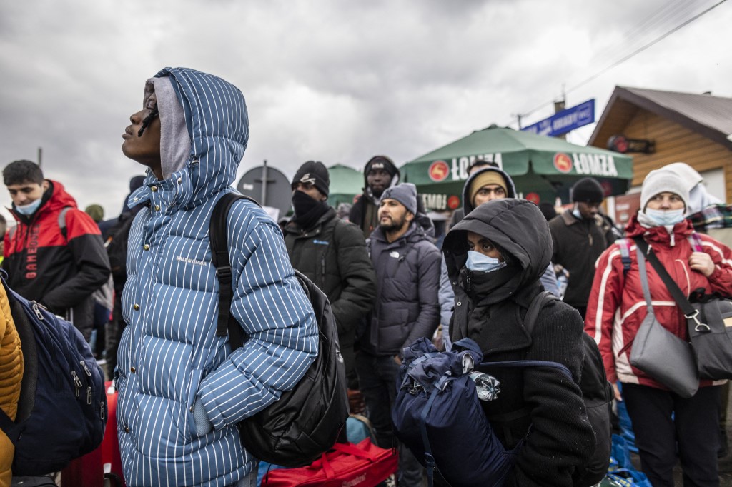 Refugees from many diffrent countries - from Africa, Middle East and India - mostly students of Ukrainian universities are seen at the Medyka pedestrian border crossing fleeing the conflict in Ukraine, in eastern Poland on February 27, 2022.