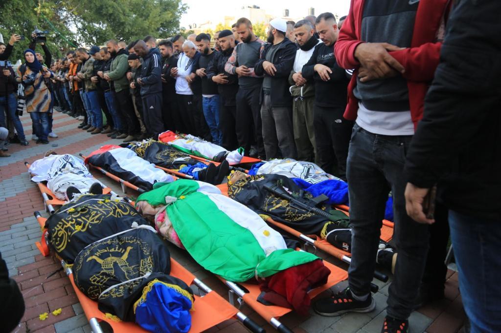 A collective funeral was held for nine Palestinians killed during an Israeli raid in Jenin on 26 January 2023 (Mohammad Abed)