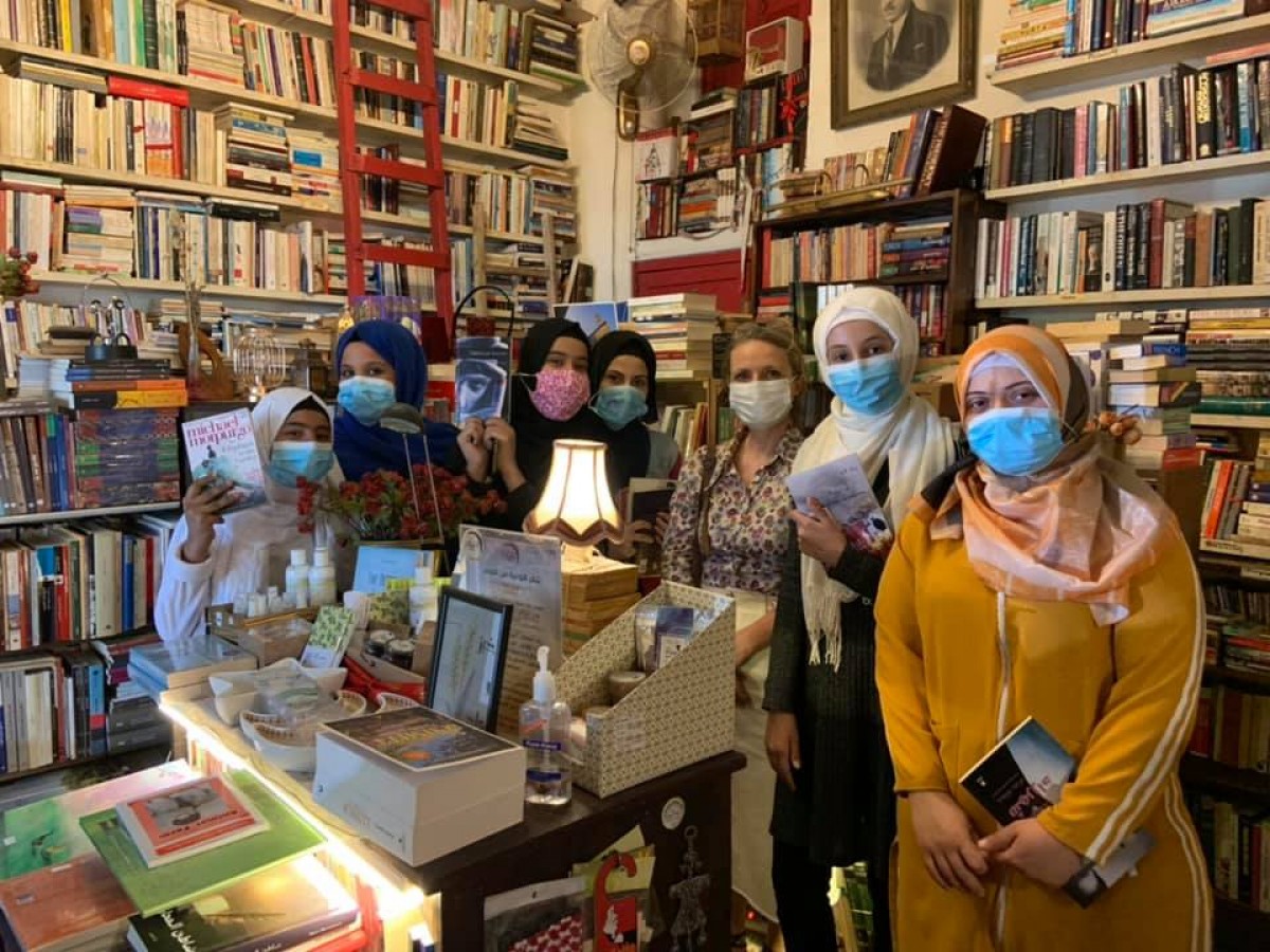Six of Miss Meike’s keenest students accompanied her to the Halabi Bookshop on 7 May (Al-Sama)