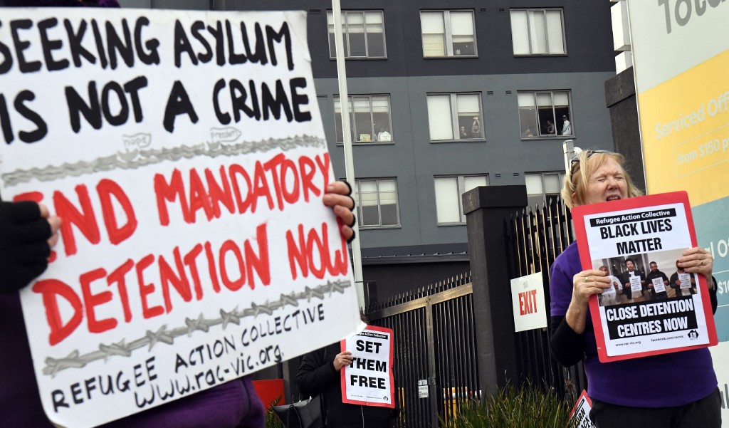 A pro-refugee rights protest takes place in Melbourne, Australia, in June 2020 (AFP)