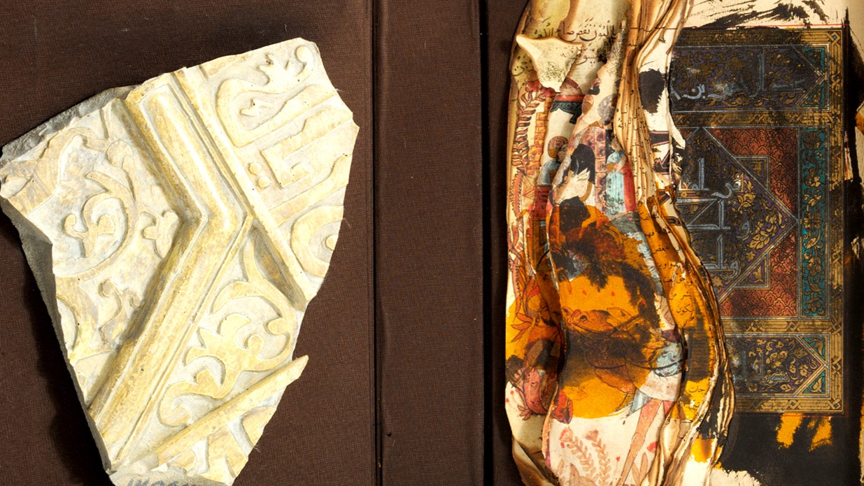 A close crop of 'Book of Shame: Destruction of the Iraq Museum', produced in mixed media art (Ashmolean Museum)