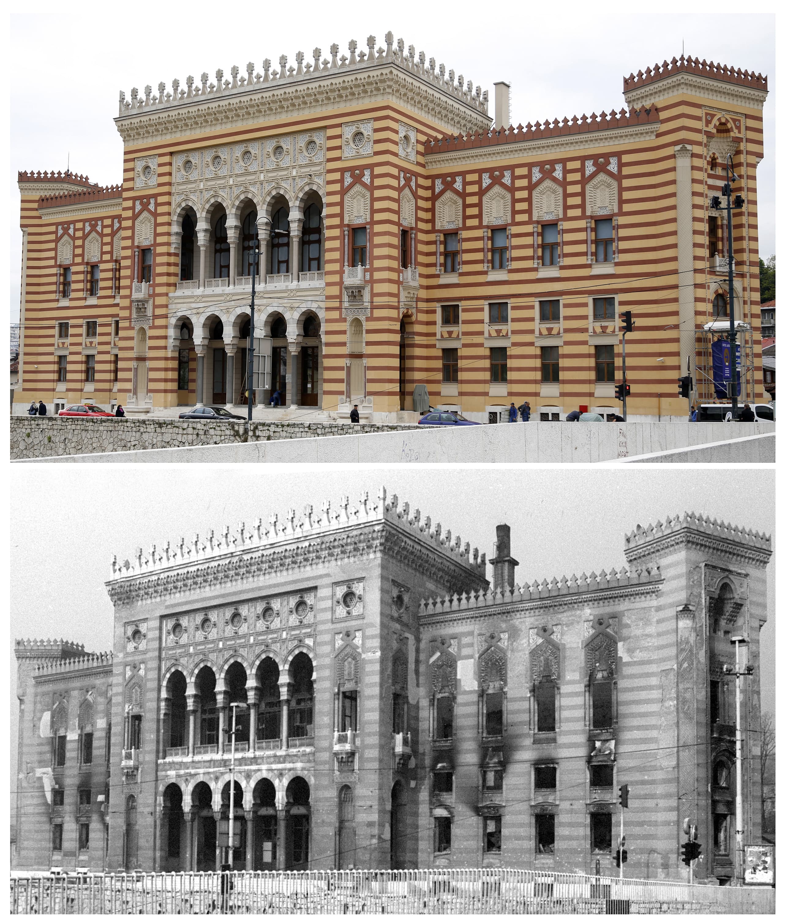 Une image montre la bibliothèque totalement restaurée en 2014 ainsi que les dommages de la guerre (Reuters)
