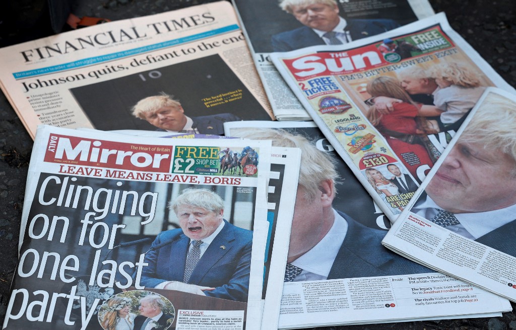 British national newspapers detail Johnson’s fall in central London on 8 July 2022 (AFP)