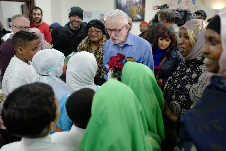 Corbyn meets worshippers on ‘Visit my Mosque Day’ in London on 3 March (AFP)