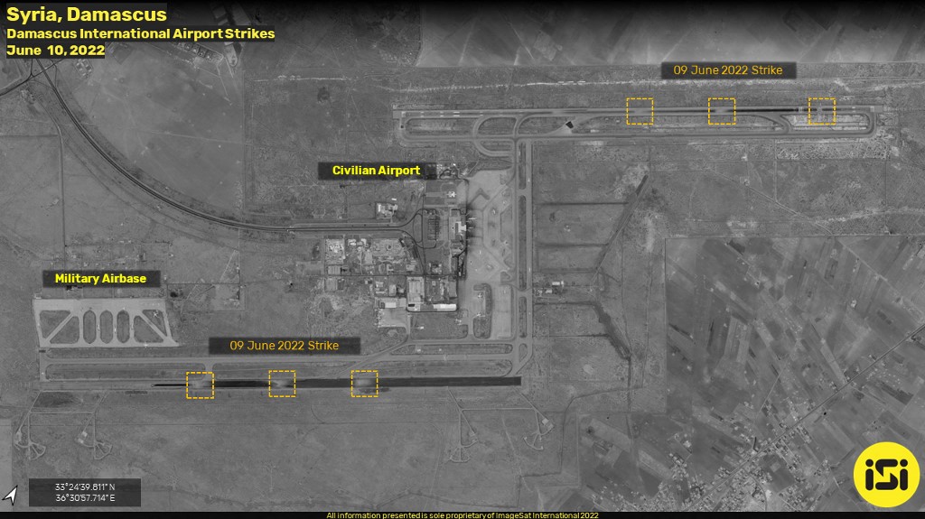 Satellite image showing damage to runways at Damascus International Airport, on 10 June 2022