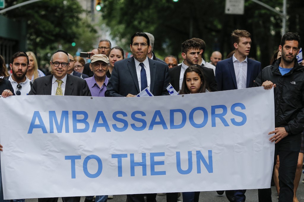 Danon marches during the Celebrate Israel Parade on 3 June 2018 in New York (AFP)
