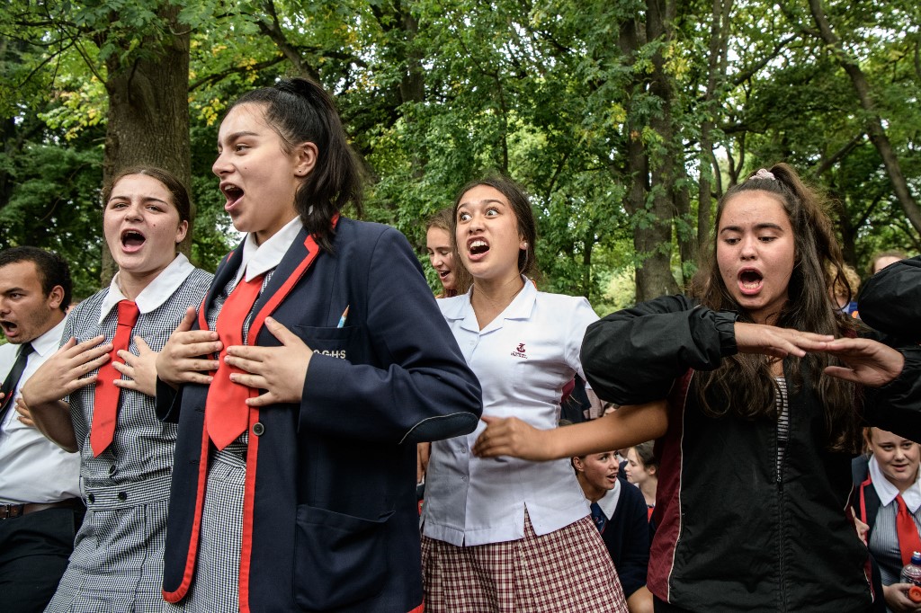 Schoolchildren in New Zealand perform the haka in March, three days after an attack on mosques in Christchurch left dozens dead (AFP)