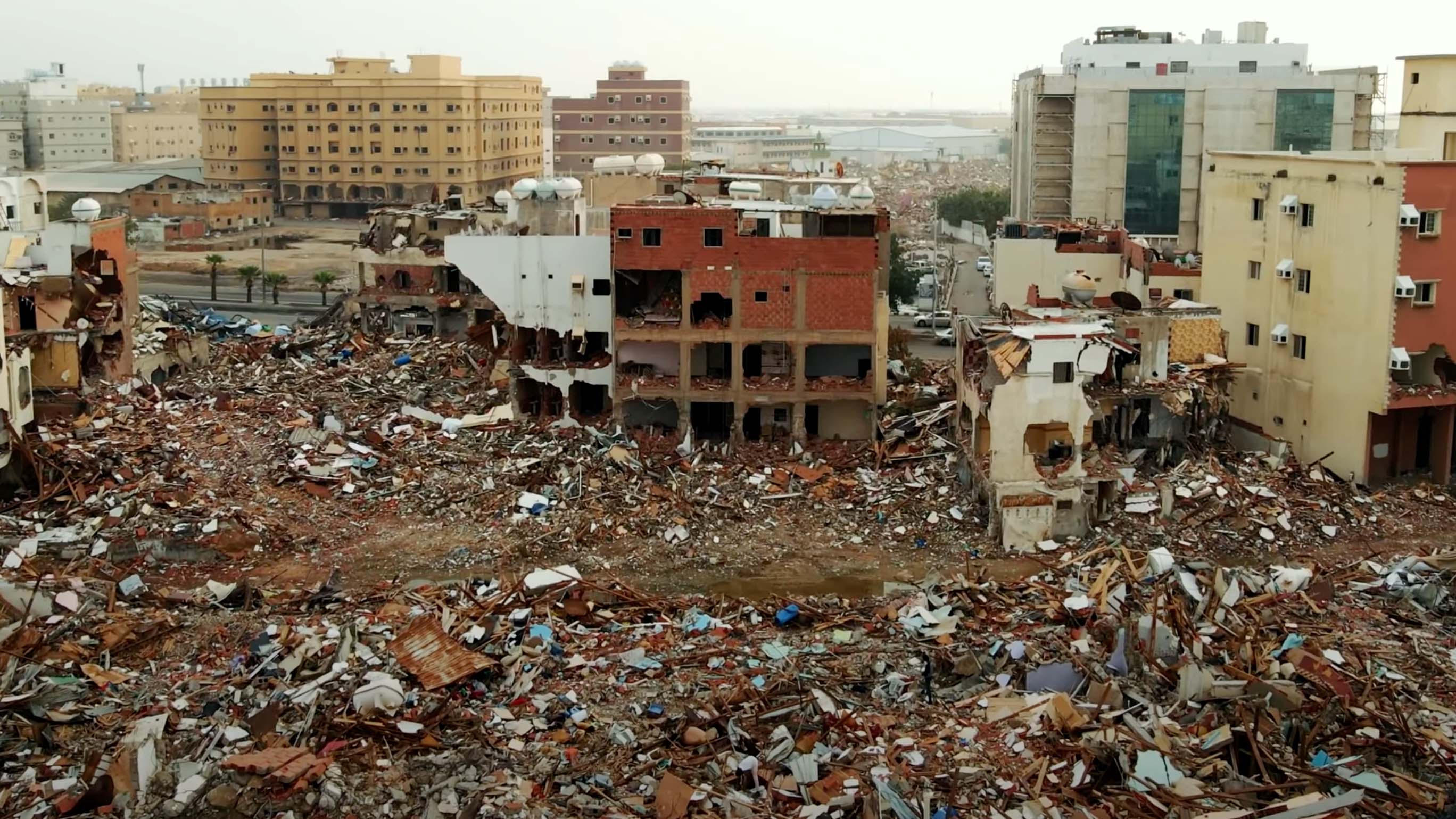 A screenshot from online footage showing the widescale destruction of entire neighbourhoods of Jeddah (YouTube)