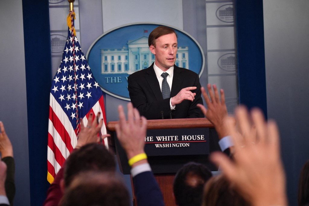  US National Security Adviser Jake Sullivan takes questions at a press briefing at the White House, Washington DC, 7 December 2021 (AFP)