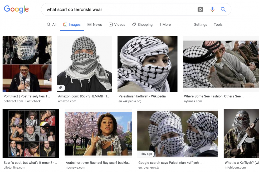 Google search results suggest Palestinian keffiyeh a symbol of terrorism