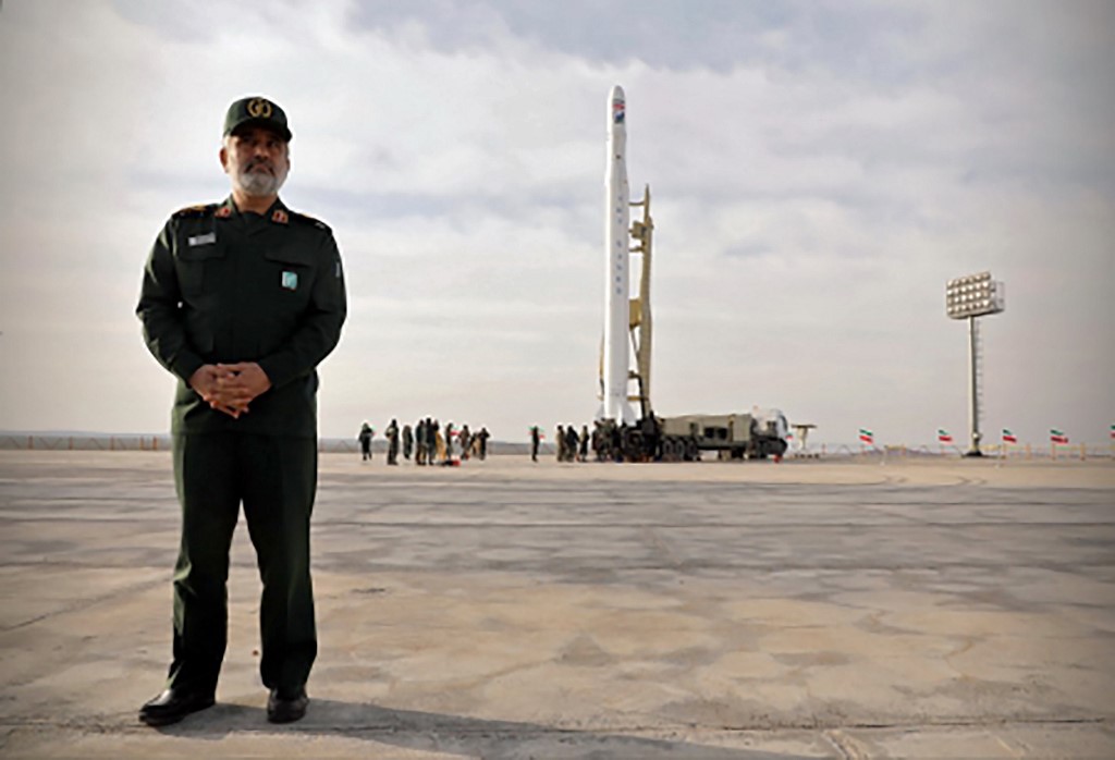 Iranian General Amir Ali Hajizadeh, head of the IRGC’s aerospace division, is pictured at the launch of Noor on 22 April (IRGC via Sepah News/AFP)