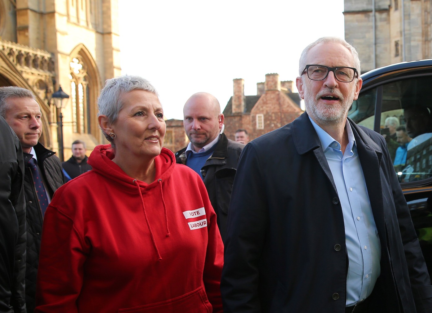 Jennie Formby and Jeremy Corbyn campaign during the December 2019 general election (AFP)