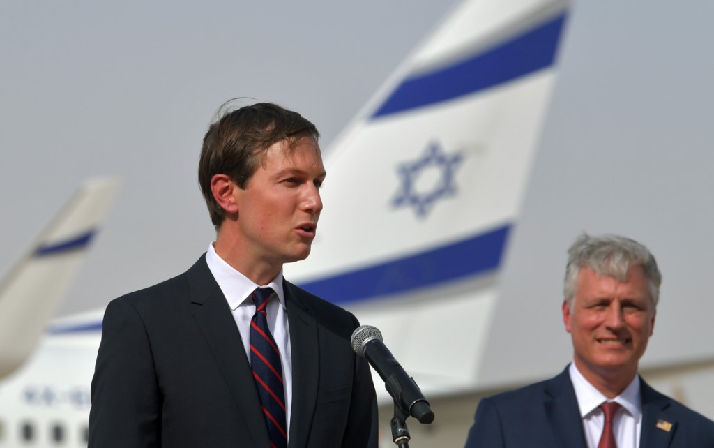 US presidential adviser Jared Kushner speaks in Abu Dhabi on 31 August (AFP)