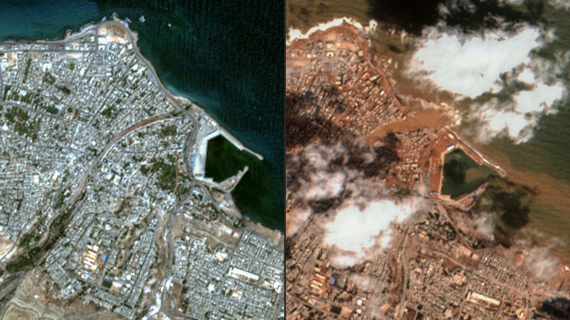 Satellite images released by Maxar Technology shows (L) an overview of Libya's eastern city of Derna before the flash floods on 7 September 2023 and (R) during the flash floods on 12 September 2023 (AFP/Maxar Technology)