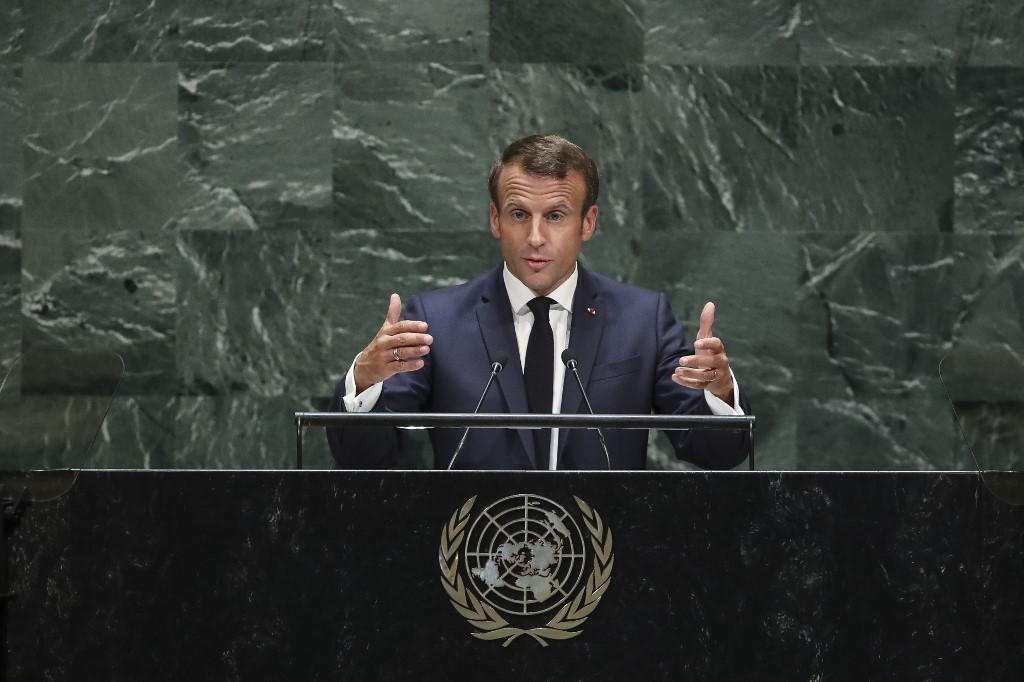 French President Emmanuel Macron addresses the UN on 24 September in New York (AFP)