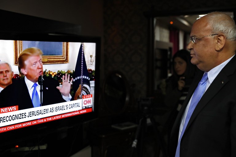 Saeb Erekat watches as US President Donald Trump announces embassy move to Jerusalem