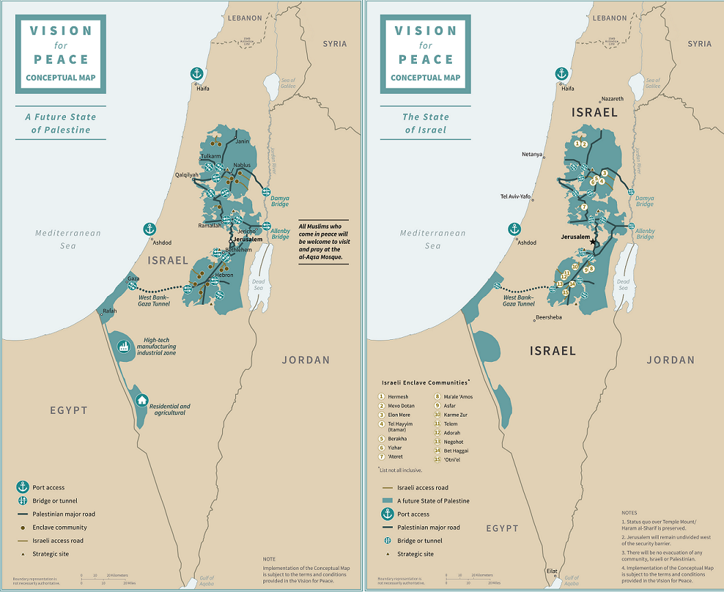 Cartes conceptuelles d’Israël et d’un futur État de Palestine selon le plan de la Maison-Blanche