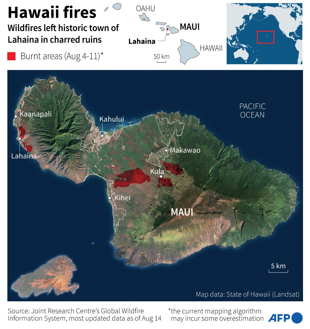 Map of Maui showing burnt areas from 4-11 August, 2023, as well as urban areas.