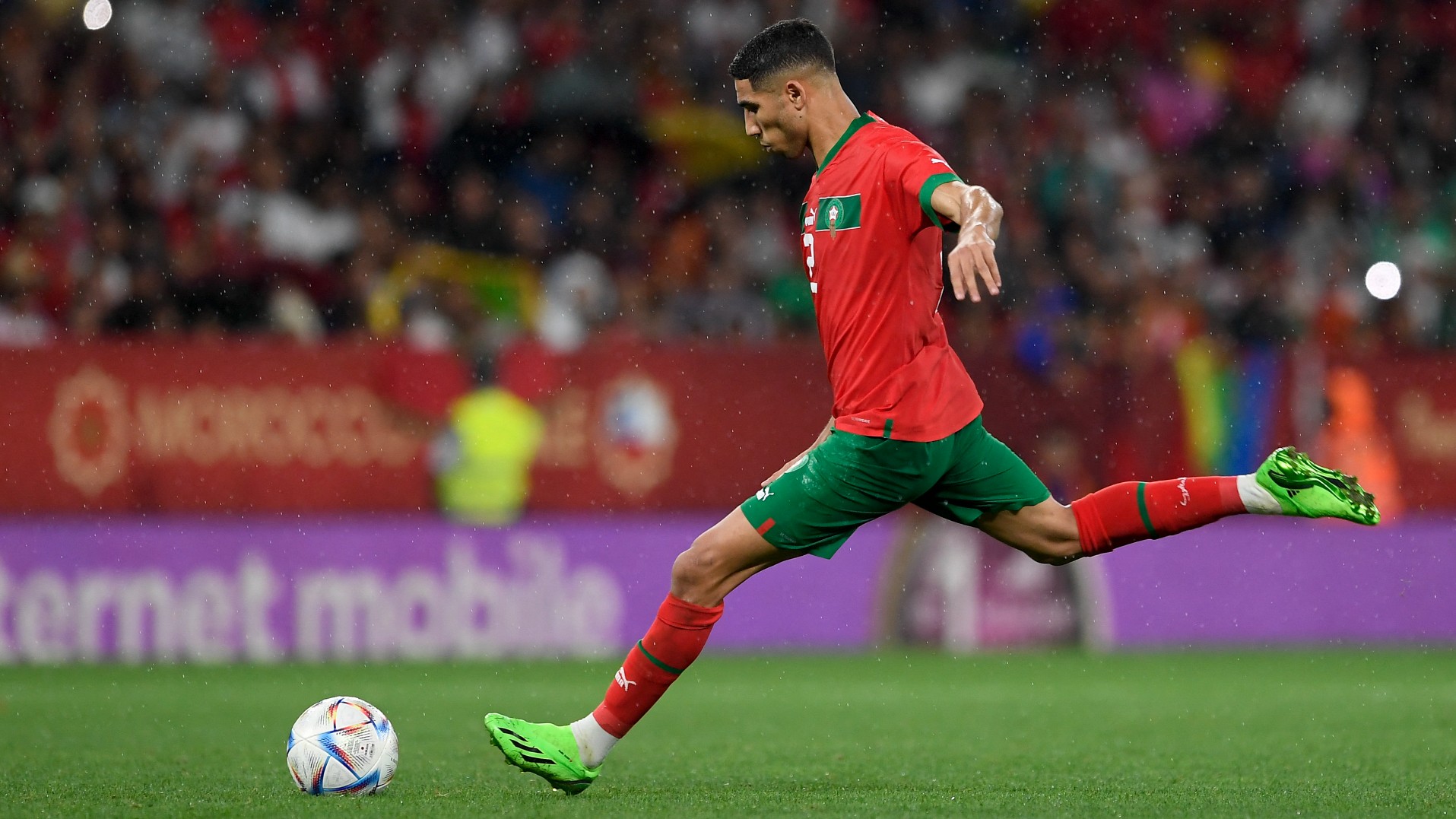 Morocco's Achraf Hakimi controls the ball during an international friendly with Chile at the Cornella-El Prat stadium in Cornella de Llobregat, Spain, on 23 September, 2022 (AFP)