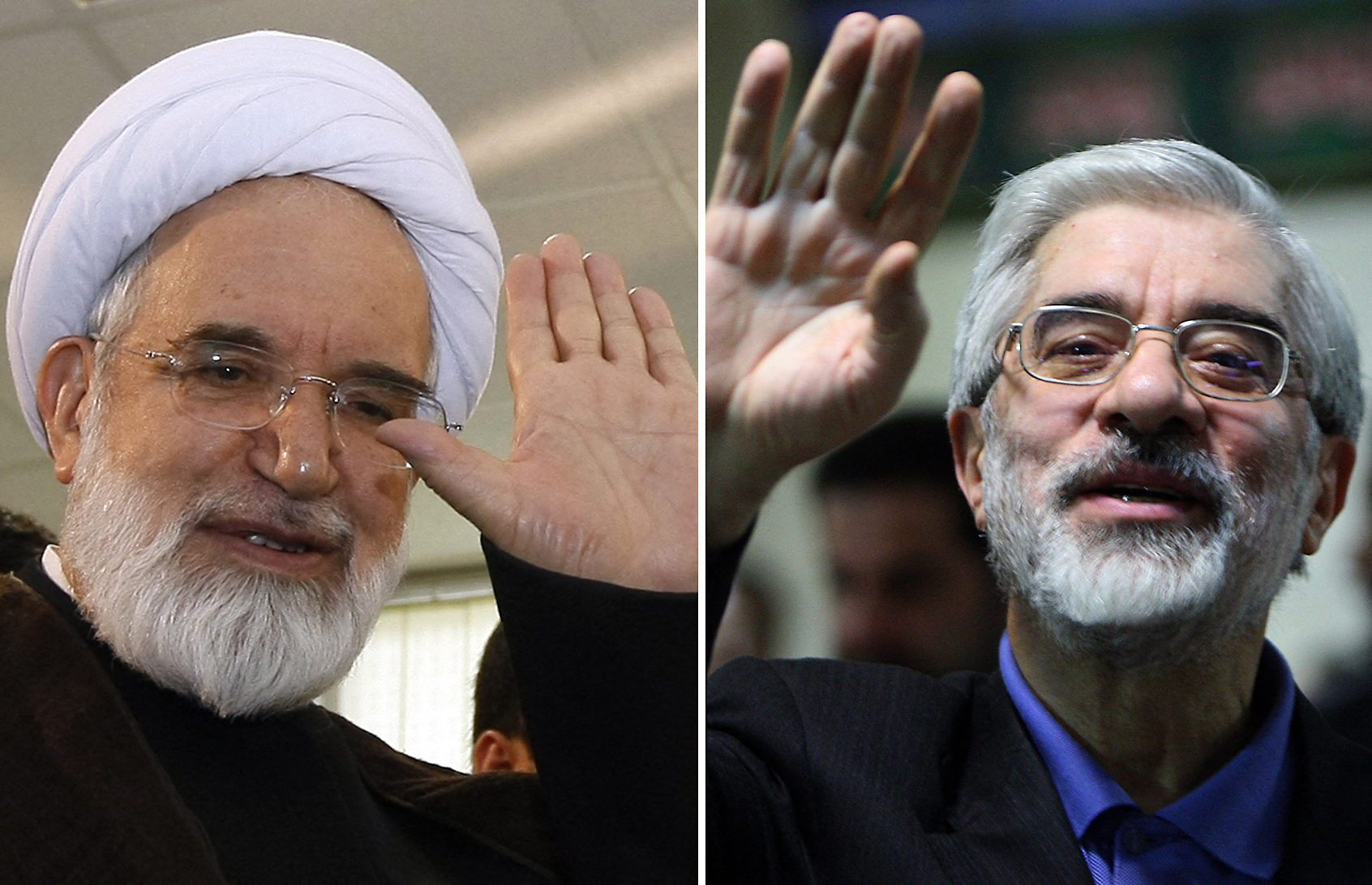A combination of archive pictures shows former Iranian premier Mir Hossein Mousavi (R) waving as he arrives to register his candidacy for the upcoming presidential election at the interior ministry in Tehran on May 9, 2009 and former Iranian parliament speaker and leader of the National Confidence reformist party Mehdi Karroubi 