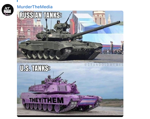 Un podcast populaire américain, « Murder the Media », a célébré les chars russes tout en dénonçant Washington en photoshoppant un char américain avec un drapeau de solidarité avec la cause transgenre et les pronoms « they/them » (« iels ») 