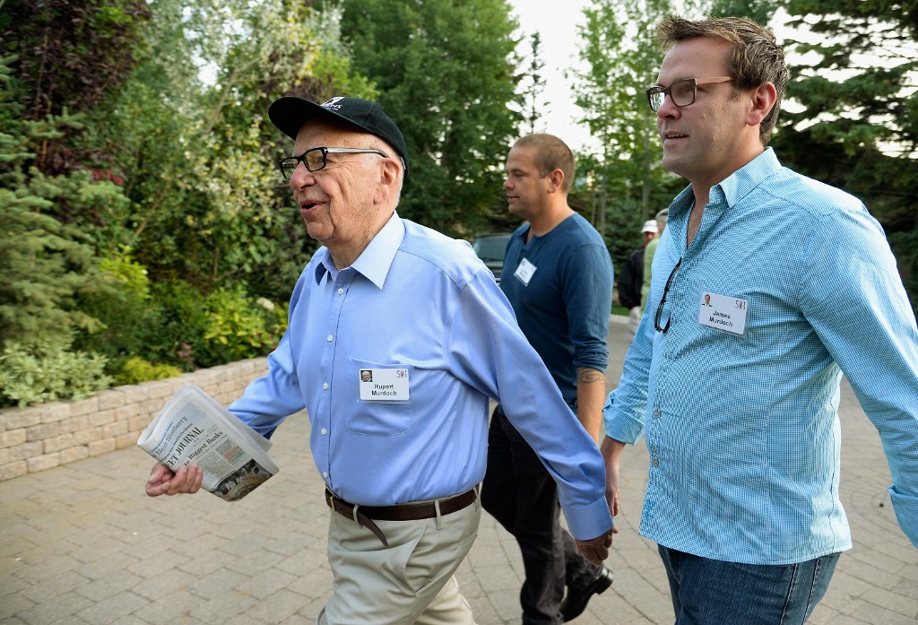 Media mogul Rupert Murdoch and his sons, James and Lachlan, are pictured in Idaho in 2013 (Getty Images via AFP)