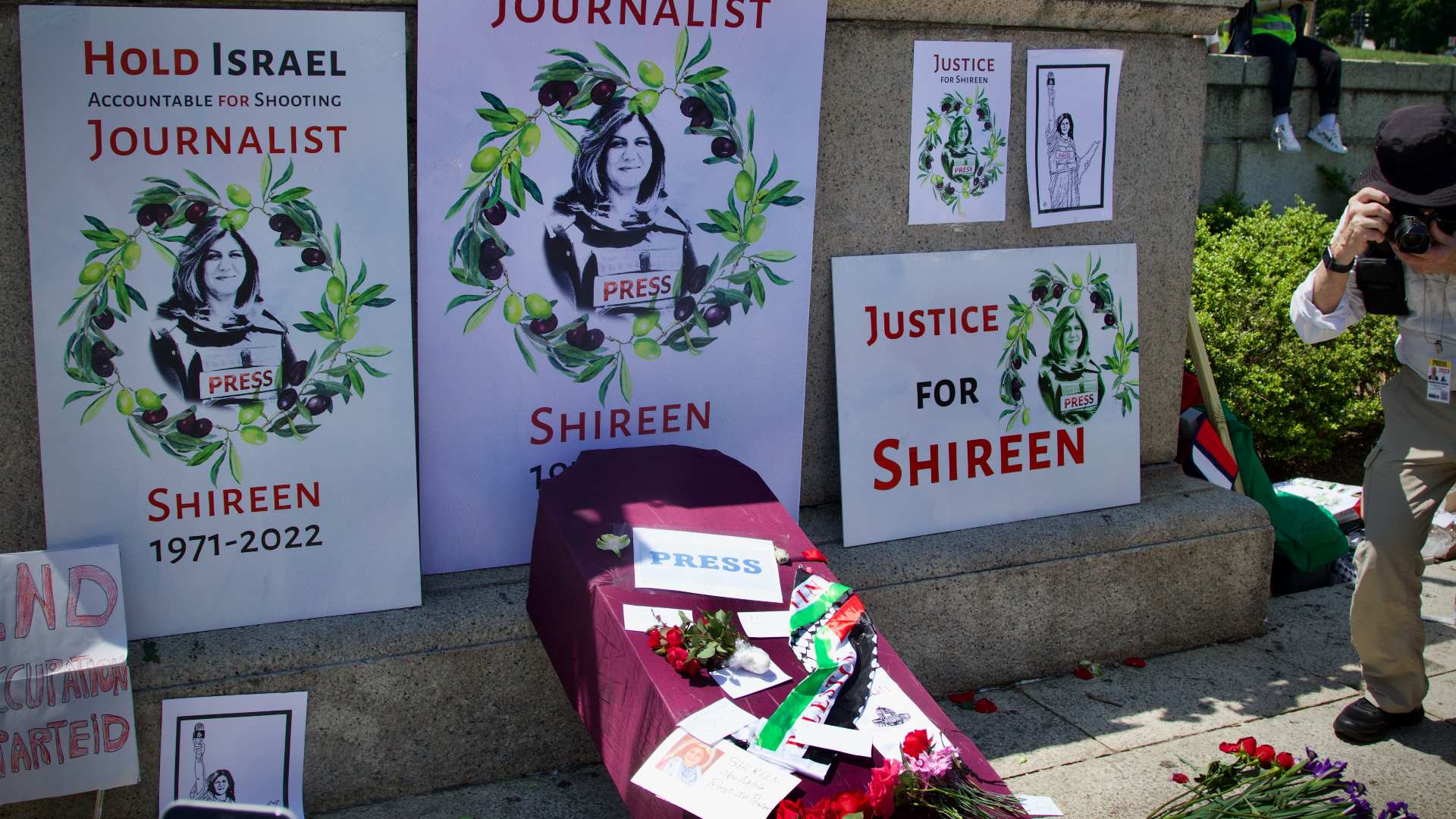Organisers set up a memorial at the rally in Washington for Palestinian journalist Shireen Abu Akleh who was killed last week.