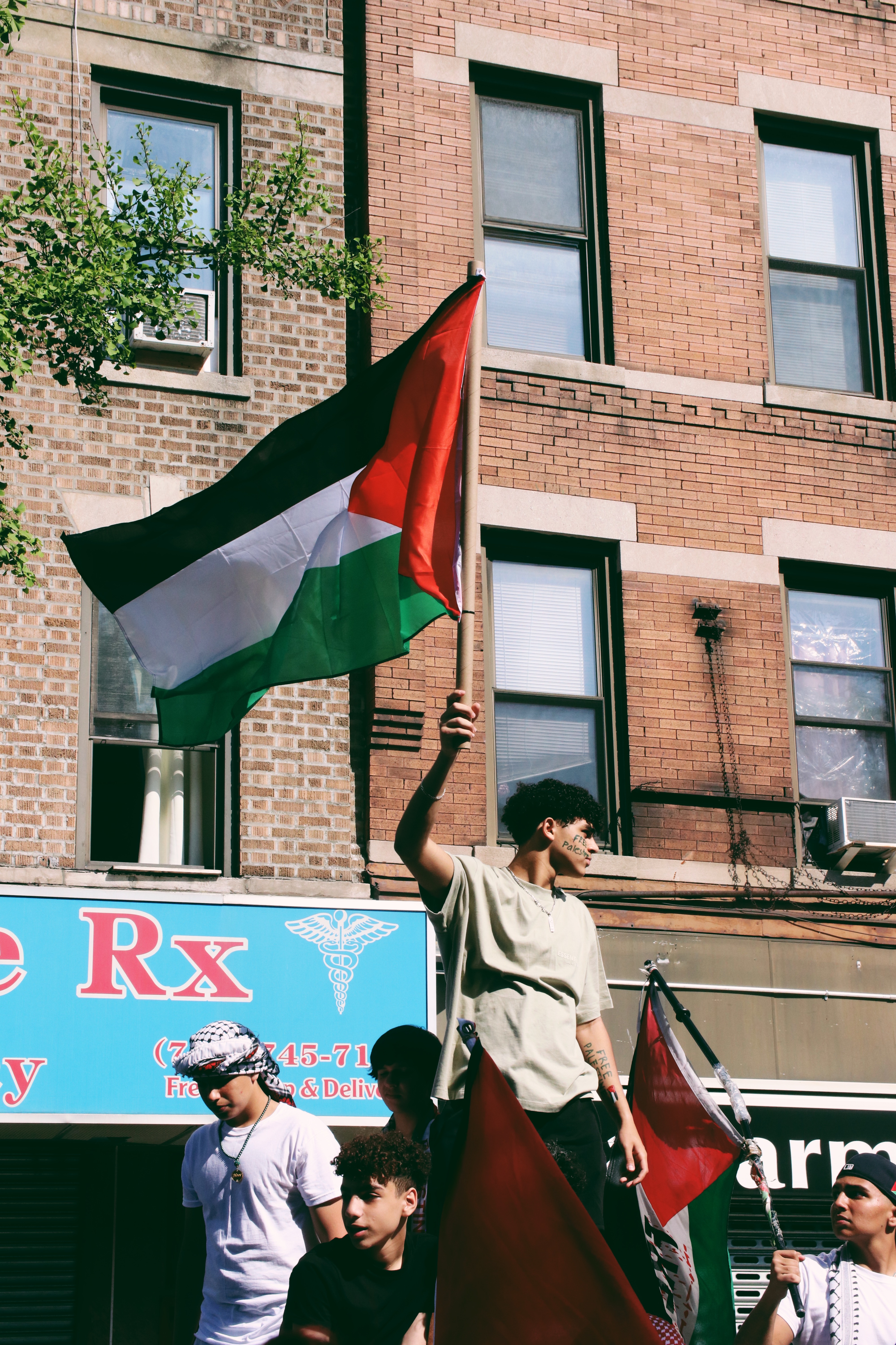 A person at the Nakba Day rally in NY holds the Palestinian flag (MEE/Zainab Iqbal)