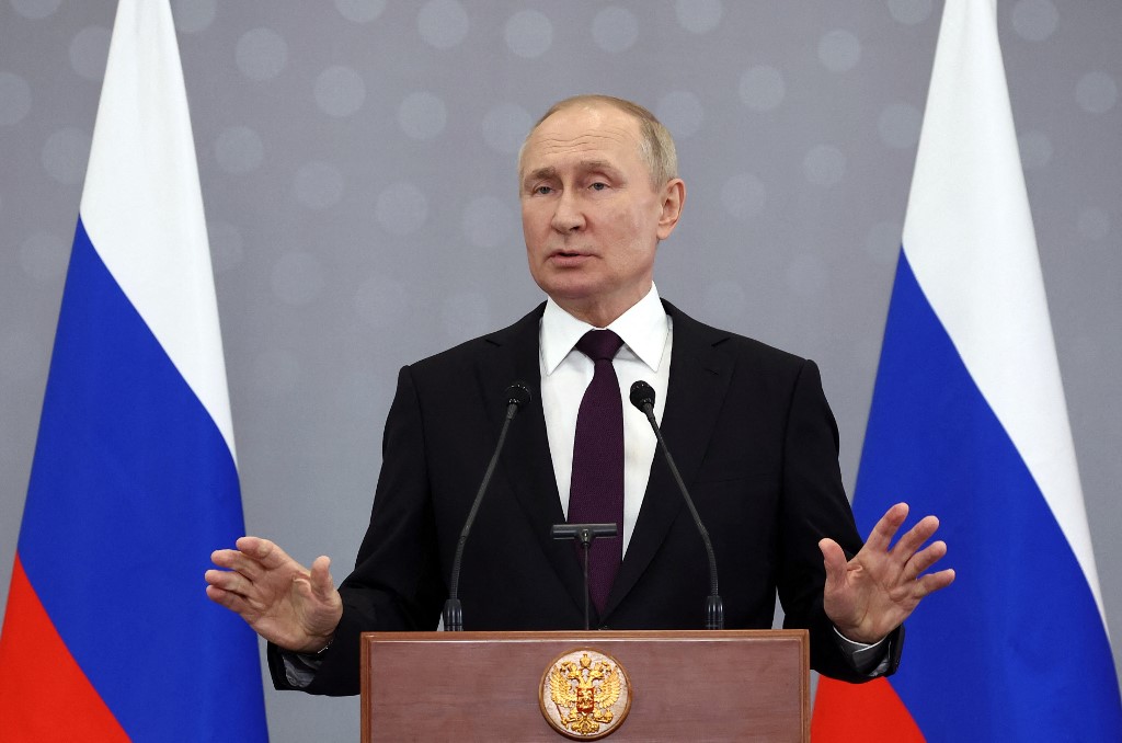 Russian President Vladimir Putin speaks at a summit in Astana on 14 October 2022 (AFP)