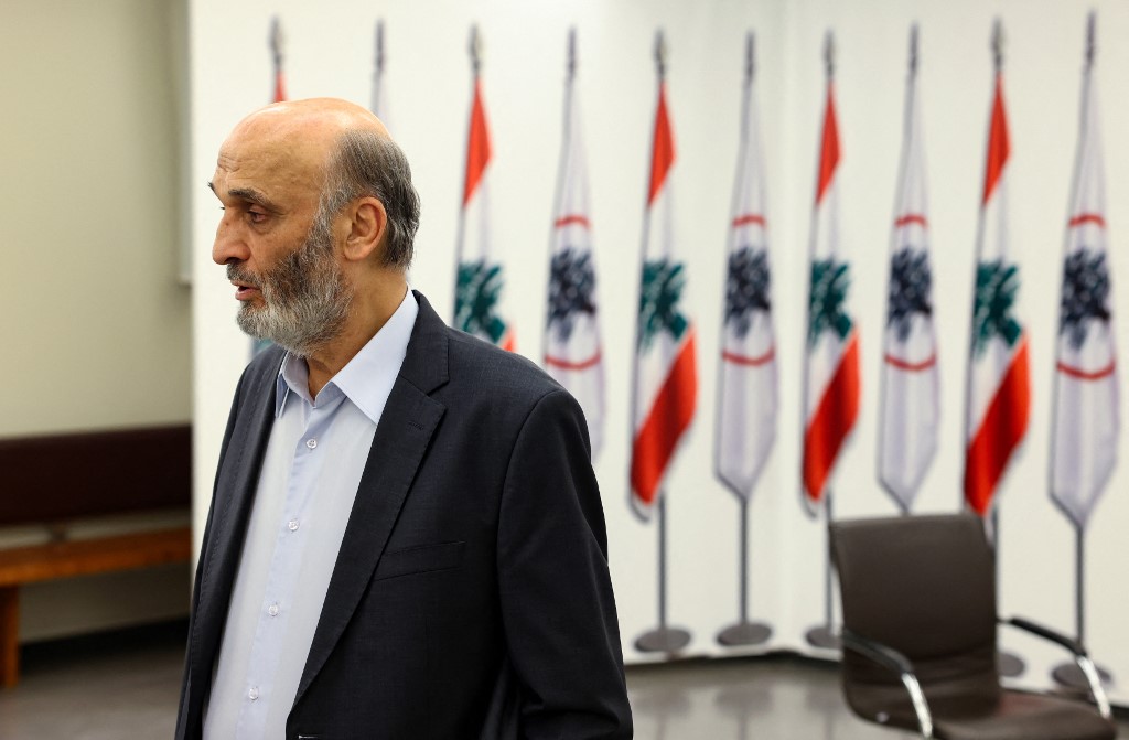 Lebanese Forces leader Samir Geagea speaks in Maarab on 20 May 2022 (AFP)