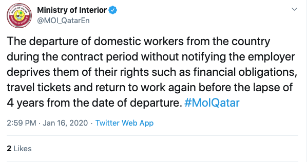Le ministère qatari de l’Intérieur a supprimé un tweet qui énumérait les mesures punitives pour les travailleurs domestiques n’informant pas leurs employeurs de leur départ 72 heures à l’avance (capture d’écran)