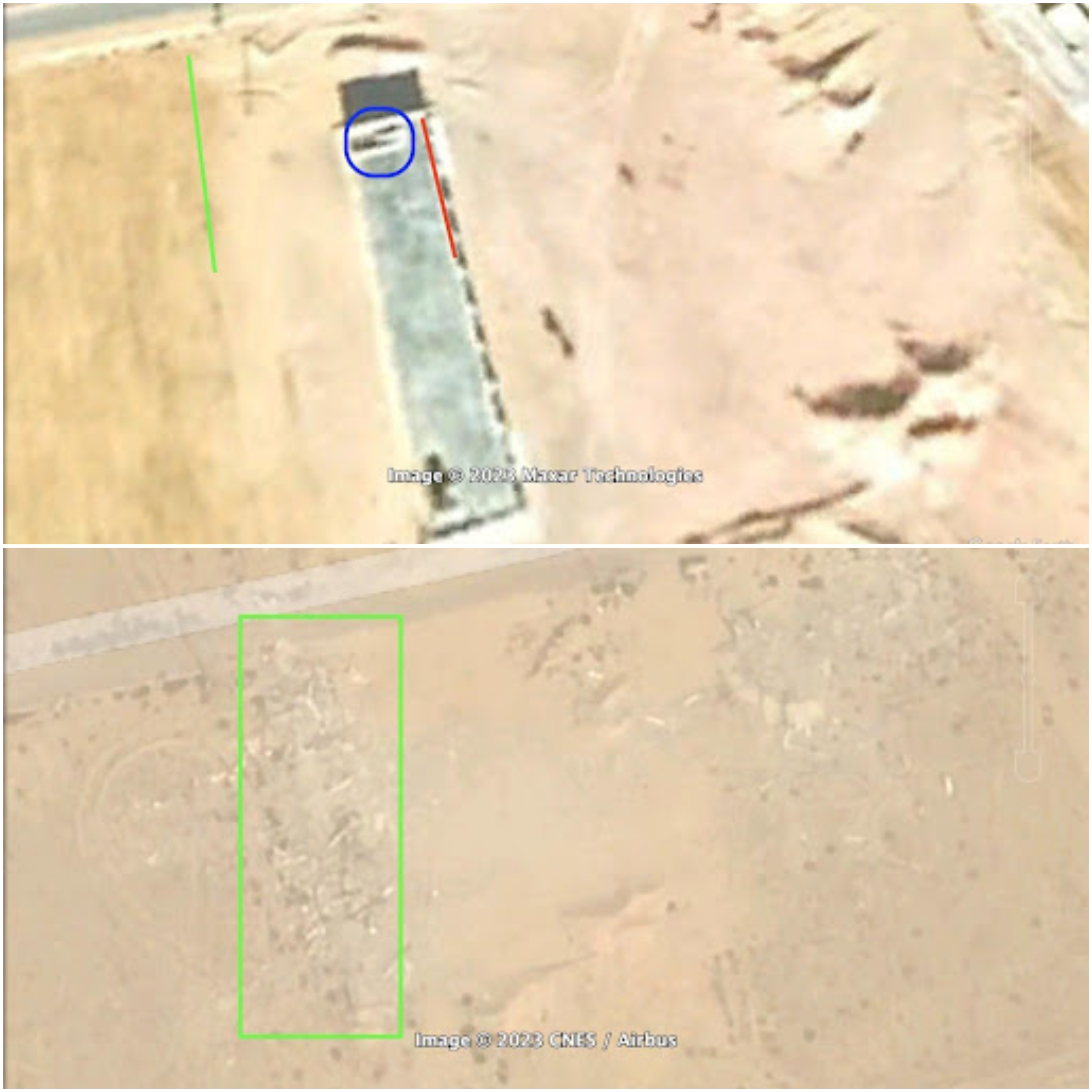 Les deux photos ci-dessous, en novembre 2017 et mars 2021, montrent des images avant et après de l’école primaire Arab Belli (capture)