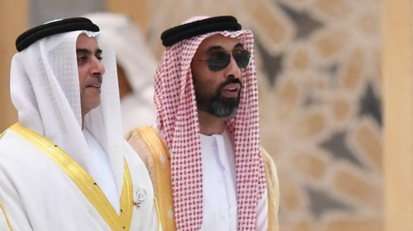 Emirati minister of interior, Sheikh Saif bin Zayed al-Nahyan (L), and the UAE national security adviser, Tahnoun bin Zayed al-Nahyan, at Al-Watan presidential palace in Abu Dhabi on 15 October 2019.