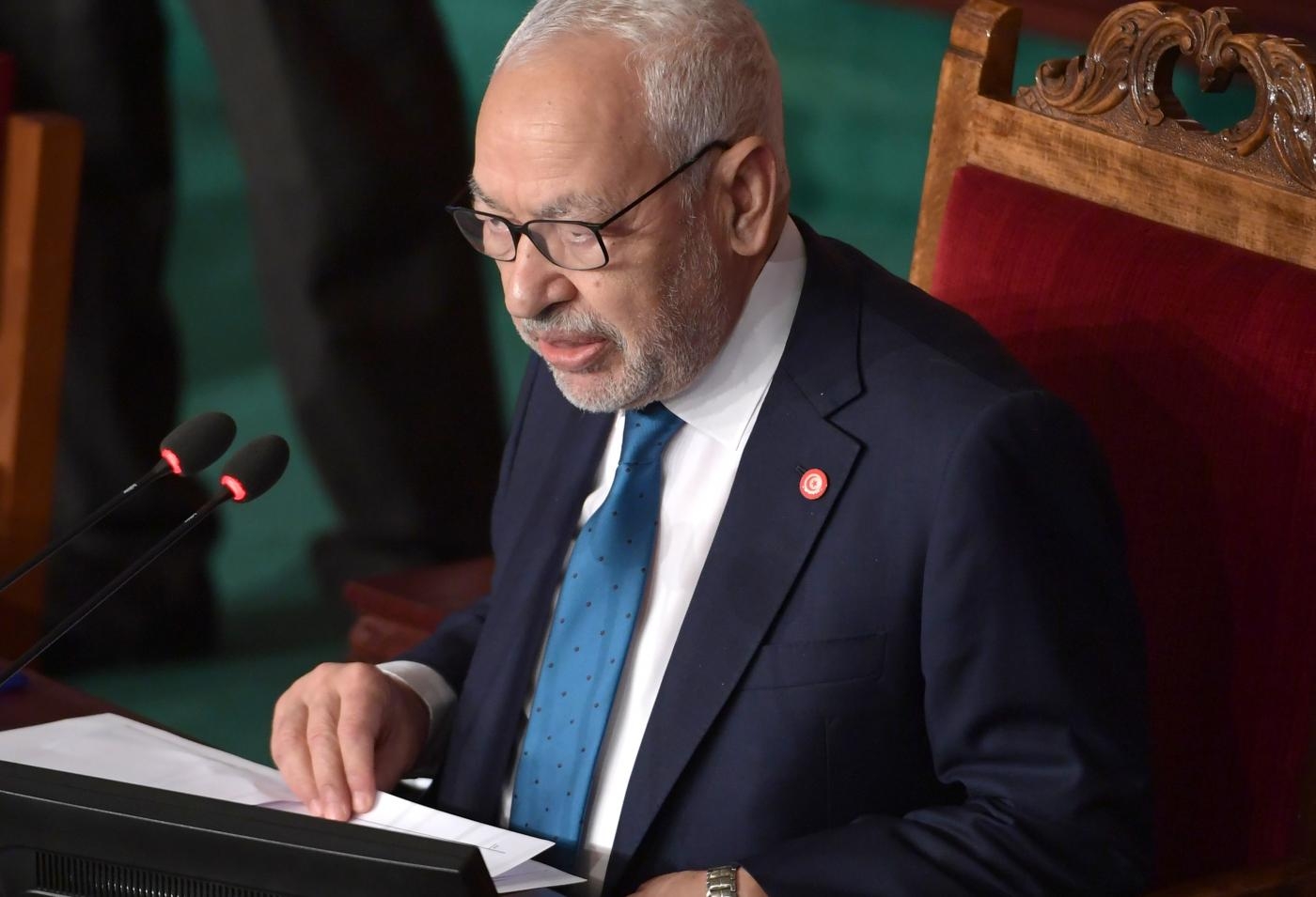 Le leader d’Ennahdha, Rached Ghannouchi, préside la première session du nouveau Parlement à Tunis, le 13 novembre 2019 (AFP)