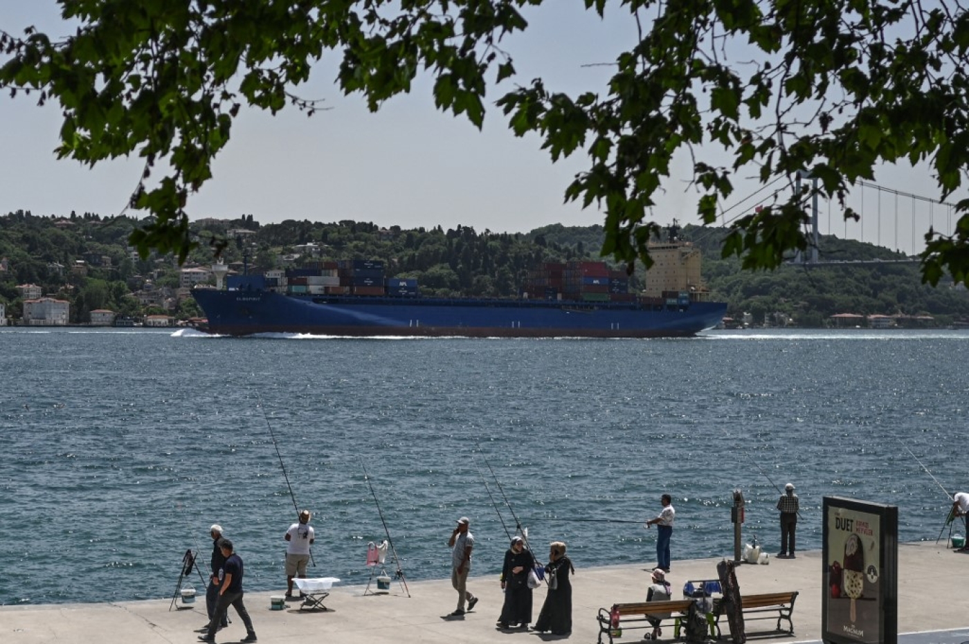 Un navire de commerce traverse le détroit du Bosphore jusqu’à la mer Noire. Au cœur d’Istanbul, des navires de commerce immatriculés en Russie vont et viennent dans les deux sens. Le commerce bat son plein. (AFP/Ozan Kose)