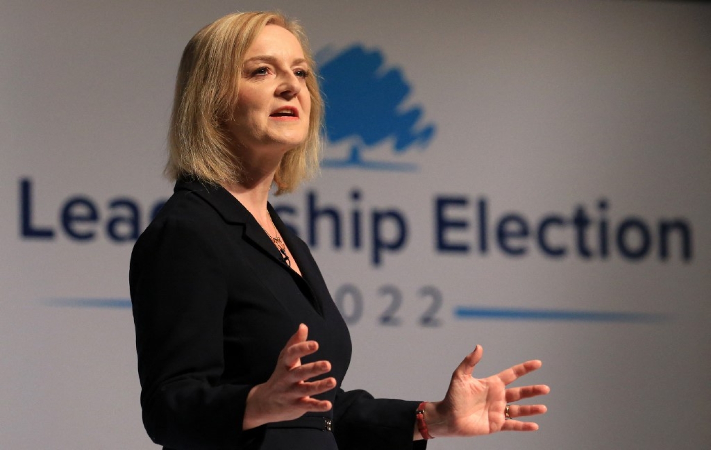 Britain's Foreign Secretary Liz Truss, a contender to become the country's next Prime Minister and leader of the Conservative party, speaks during a Conservative Party hustings event in Darlington, north east England on August 9, 2022 (AFP)