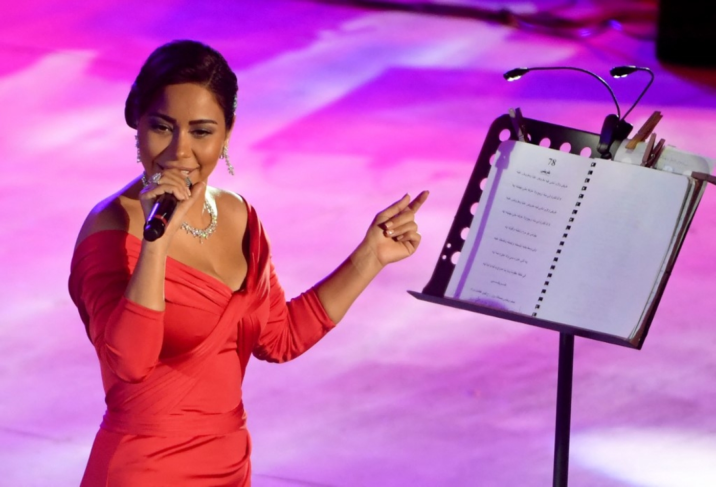 La chanteuse égyptienne Sherine Abdel Wahab se produit à l’amphithéâtre romain lors de la 53e session du Festival international de Carthage près de Tunis, le 28 juillet 2017 (AFP/Fethi Belaid)