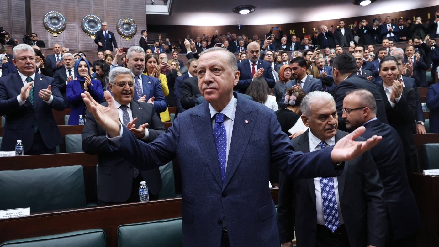 Recep Tayyip Erdogan in parliament in Ankara on 1 February 2023 (AFP)