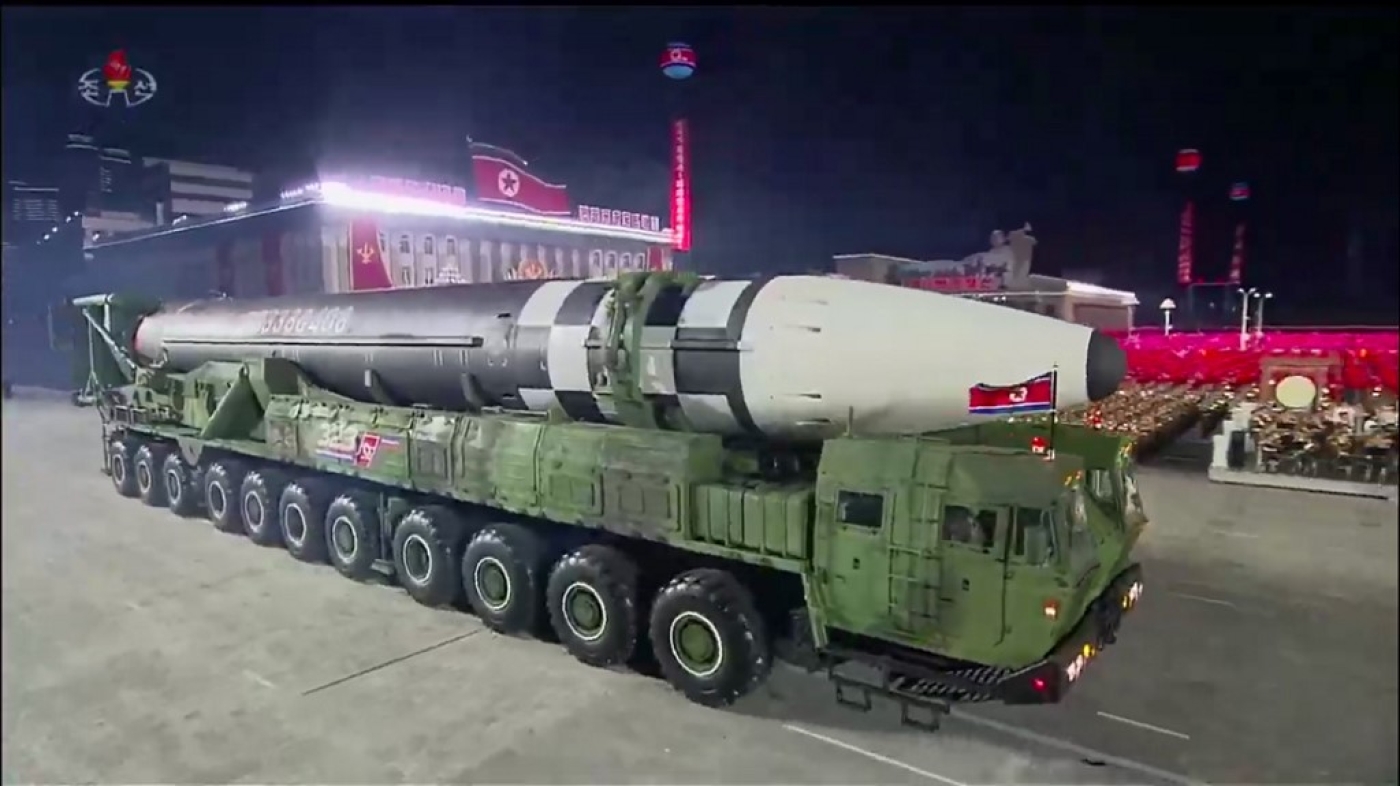 A screen grab taken from a KCNA broadcast on October 10, 2020 shows what appears to be a new North Korean intercontinental ballistic missile in Kim Il Sung Square, Pyongyang 