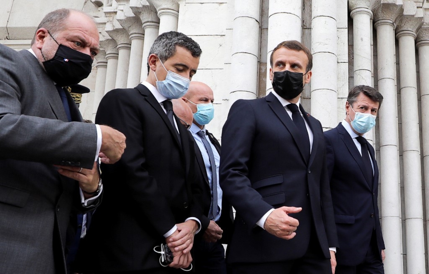 French Justice Minister Eric Dupond-Moretti, French Interior Minister Gerald Darmanin, French President Emmanuel Macron and Nice Mayor Christian Estrosi 