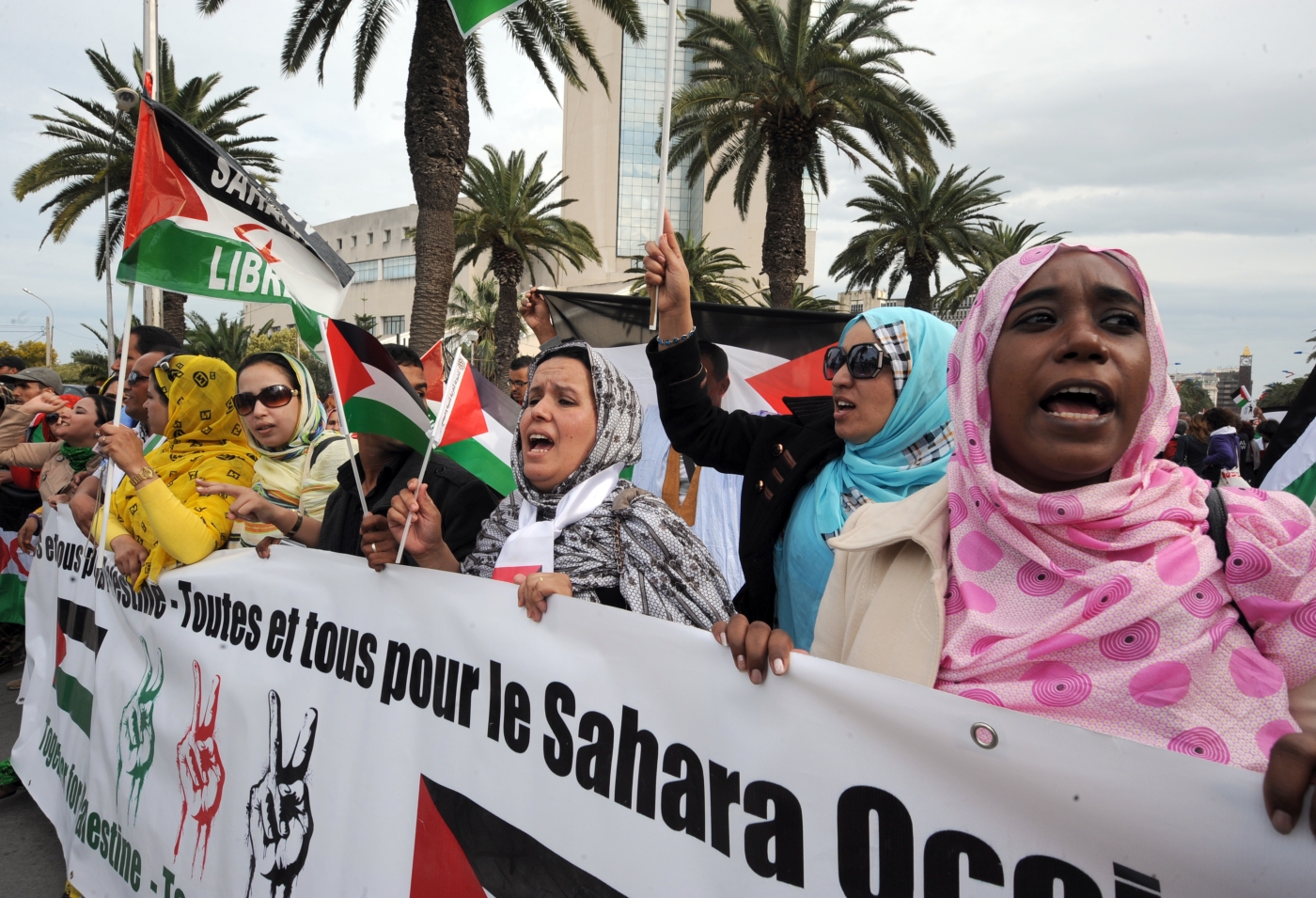Des partisans du Front Polisario tiennent une banderole indiquant « Toutes et tous pour la Palestine – Toutes et tous pour le Sahara occidental » lors d’une manifestation en marge de la clôture du Forum social mondial, le 30 mars 2013 à Tunis (AFP)