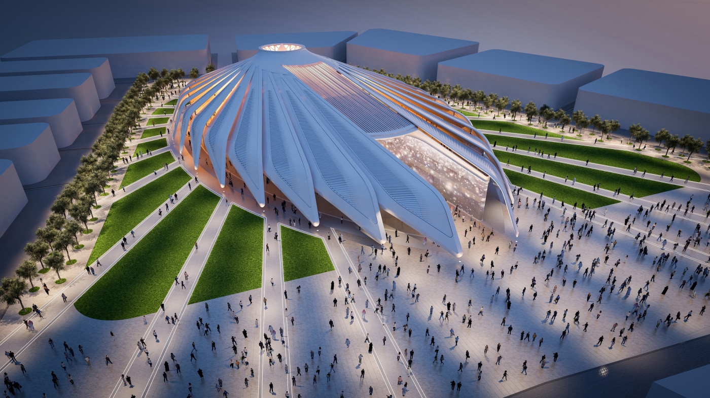 A computer-generated image of the design for the UAE Pavilion for Dubai World Expo 2020.
