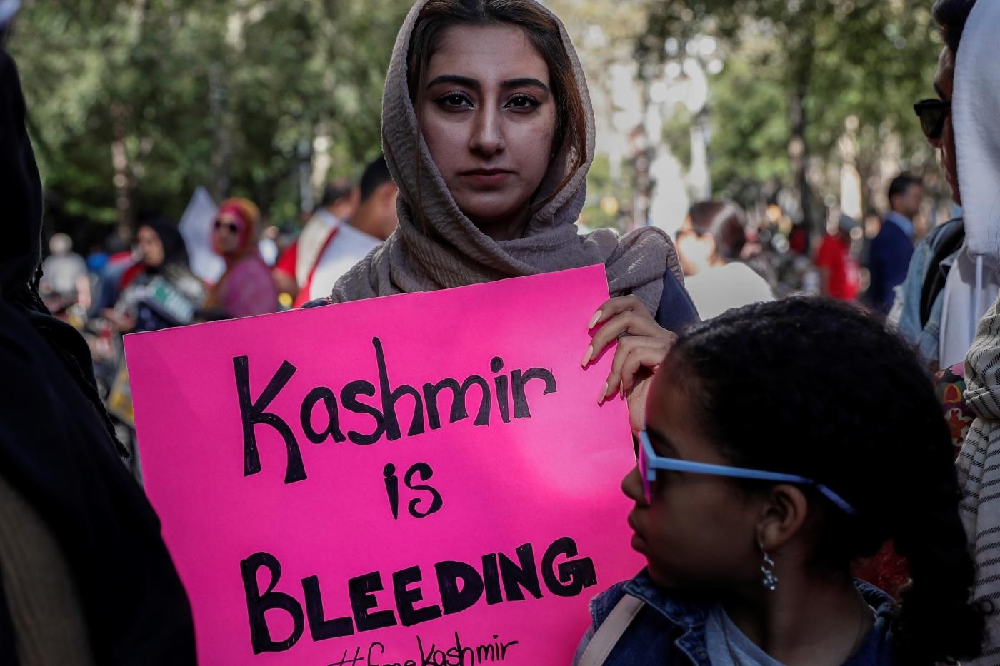 Une manifestation « Stand with Kashmir » devant le siège de l’Organisation des Nations unies à New York, le 27 septembre (Reuters)