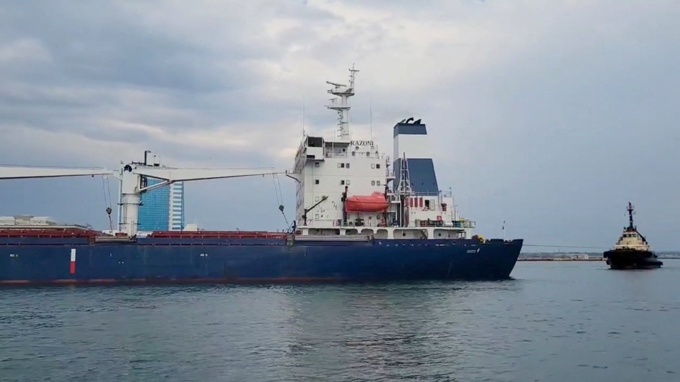 The Sierra Leone-flagged cargo ship, Razoni carrying Ukrainian grain leaves the port, in Odesa, Ukraine, on 1 August, 2022, in this screen grab taken from a handout video by the Ukraine Ministry of Infrastructure. (Reuters)