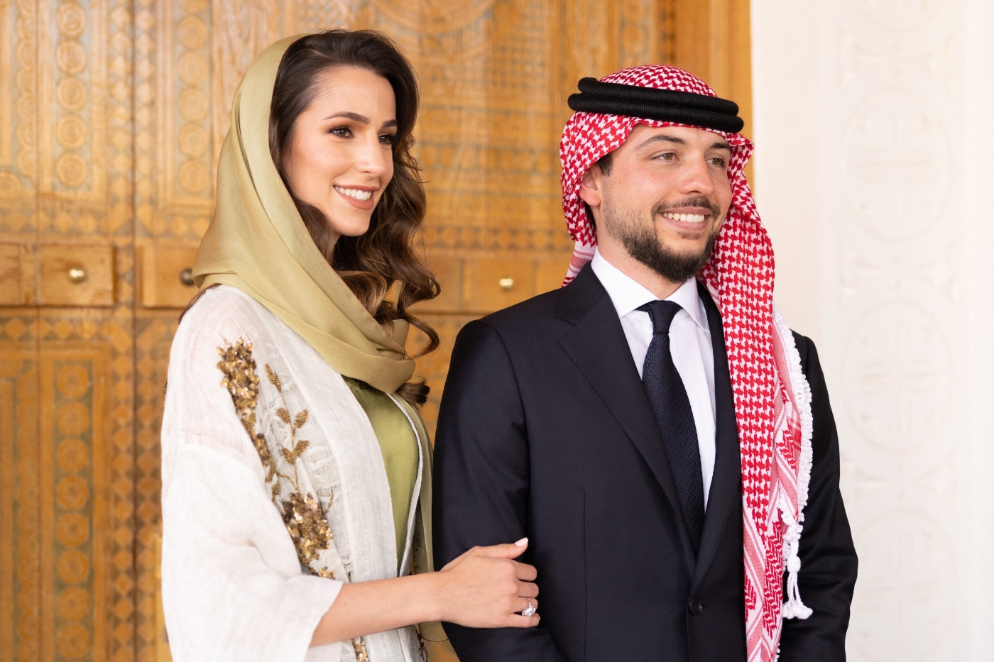 Jordan’s Crown Prince Hussein (or Al Hussein) bin Abdullah II engaged to Rajwa Al Saif in Riyadh, Saudi Arabia, on 17 August 2022 (Balkis Press via Reuters)