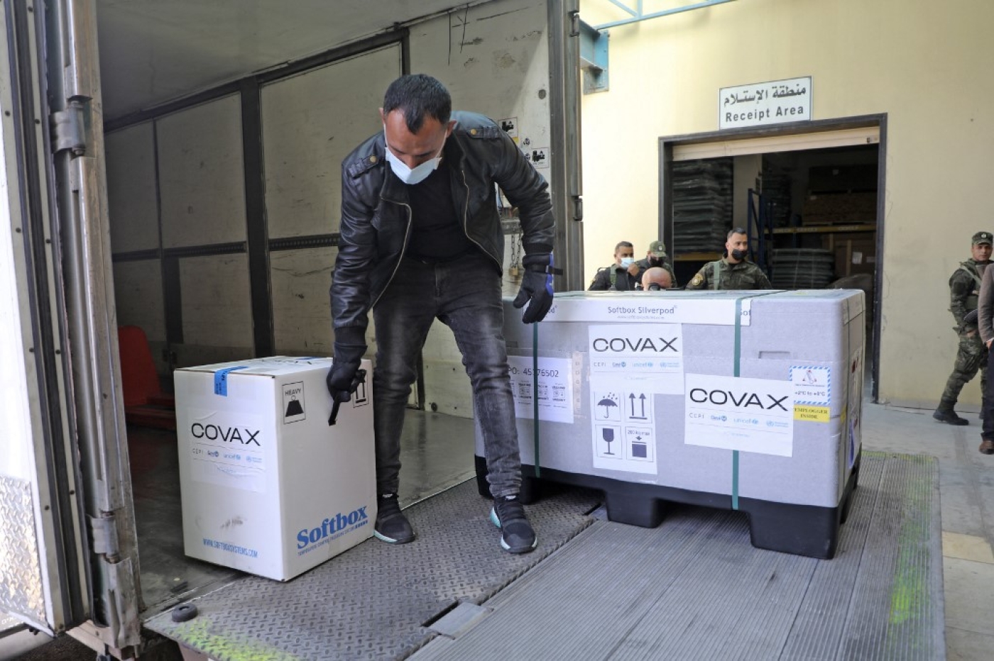 The first Covax delivery to a Palestinian Authority storage facility in the West Bank city of Nablus 