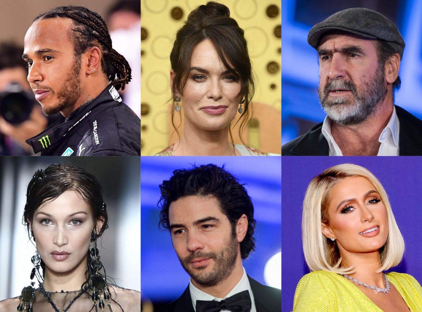 De haut en bas et de gauche à droite : Lewis Hamilton, Lena Headey, Éric Cantona, Bella Hadid, Tahar Rahim, Paris Hilton (MEE/AFP)