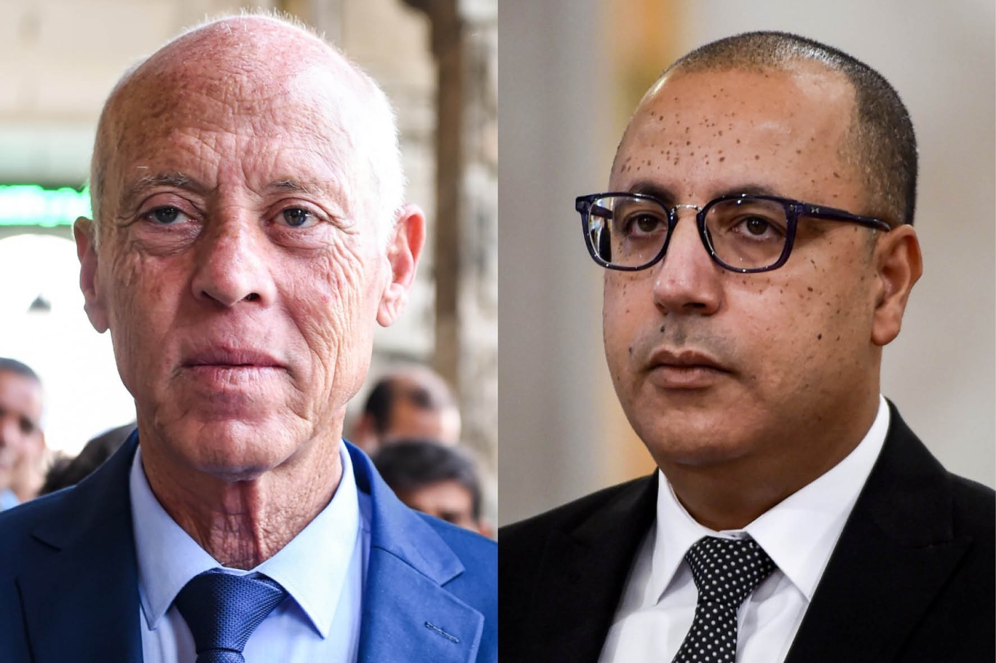 Le président de la République Kais Saied (à gauche) s’oppose au remaniement ministériel auquel le chef du gouvernement Hichem Mechichi a procédé le 16 janvier (AFP)