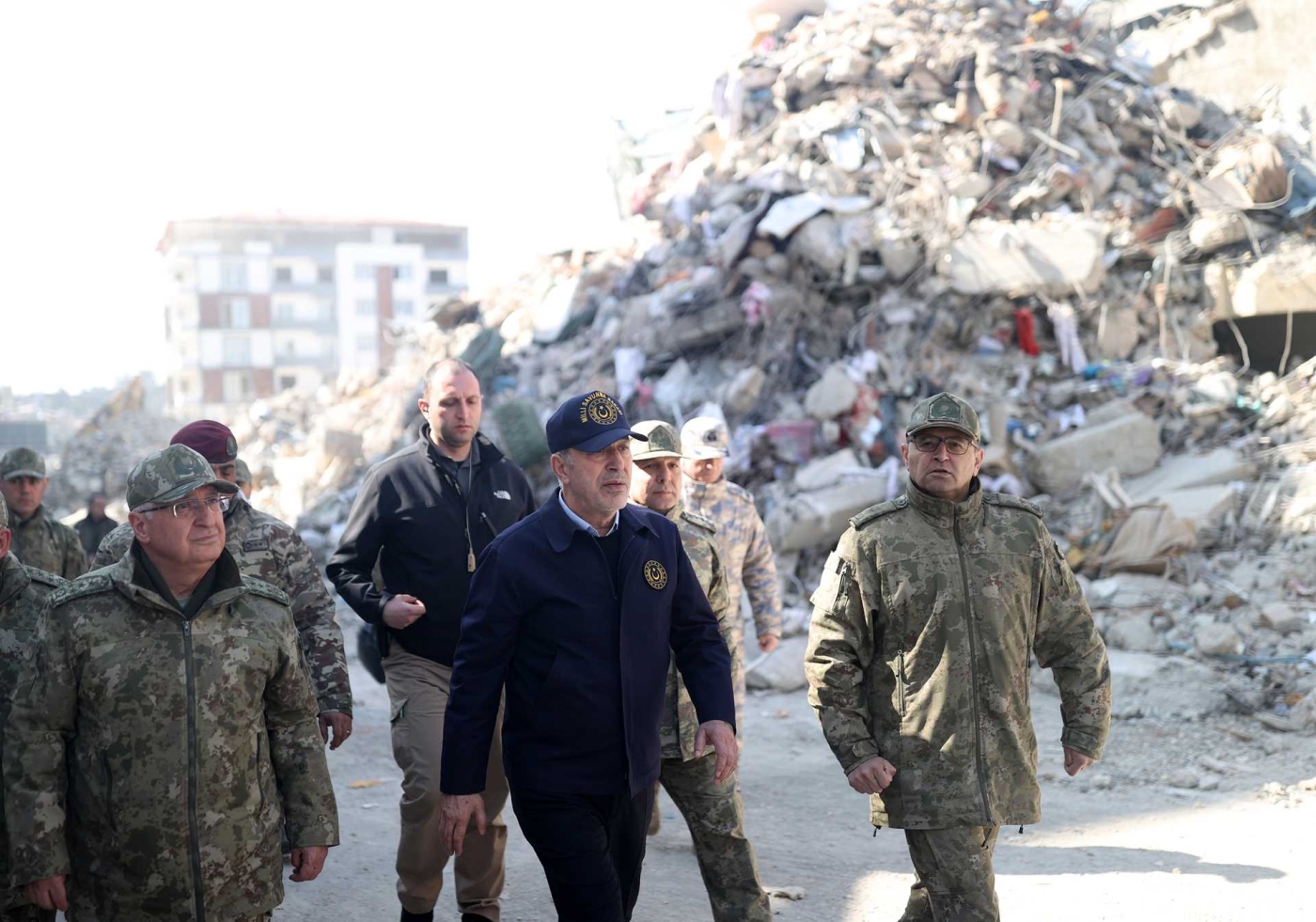 The Turkish defense minister Hulusi Akar inspects the earthquake response activities in Turkey's Hatay on 15 February 2023 (Turkish Defense Ministry)